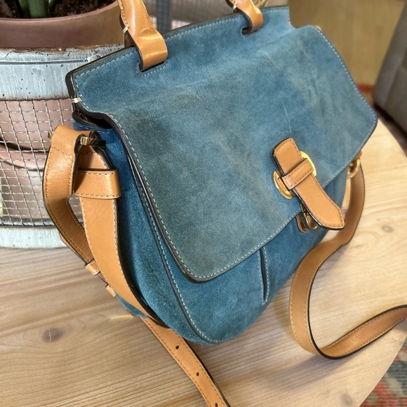 MICHAEL KORS ROMY DENIM BLUE SUEDE BROWN CROSSBODY MESSENGER BAG SATCHEL - Picture 3 of 16